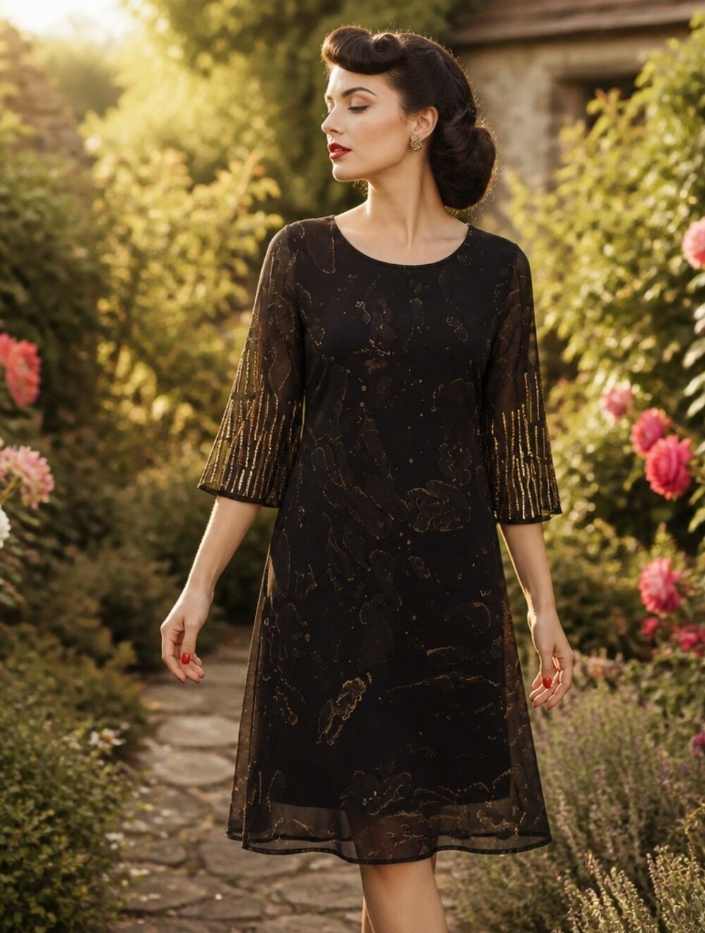 Black Mini Dress with Gold Accents - Women's Shift Dress
